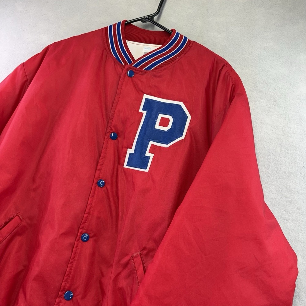 Howe Satin Varsity Snap Jacket Red Blue P Patch USA 80s Era XXL Vintage 80s